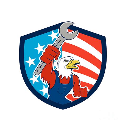 American Bald Eagle Mechanic Spanner Usa Flag Shield Cartoon Digital
