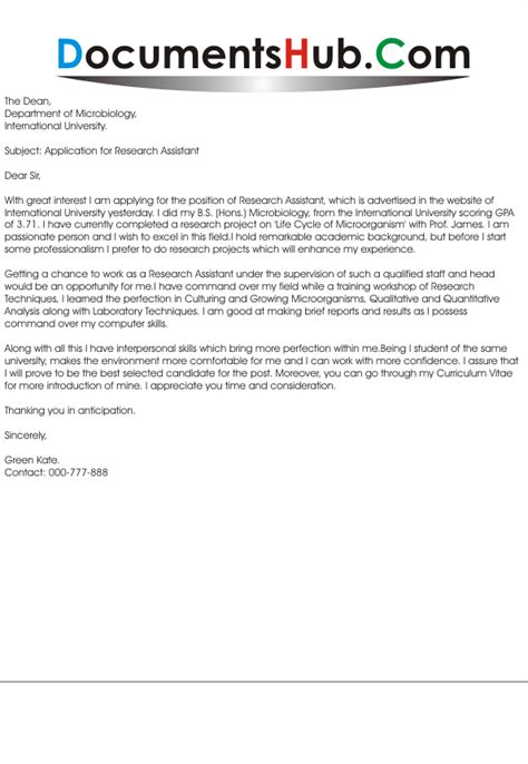 • demonstrate your enthusiasm for the. Cover Letter for Research Assistant | DocumentsHub.Com