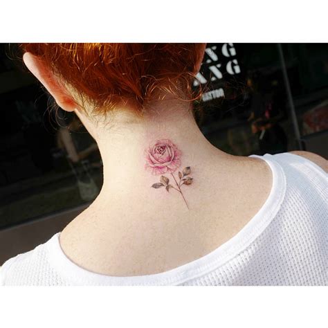 Pink Peony Tattoo On The Back Of The Neck