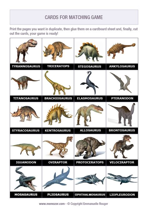 Printable Matching Game Dinosaurs 50 Cards Memozor