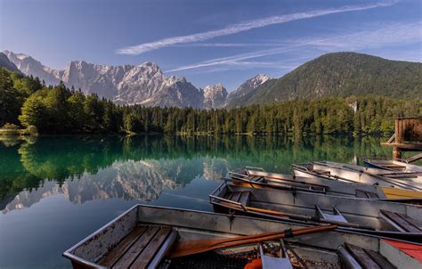 Wallpaper Forest Mountains Lake Reflection Boats Alps Italy