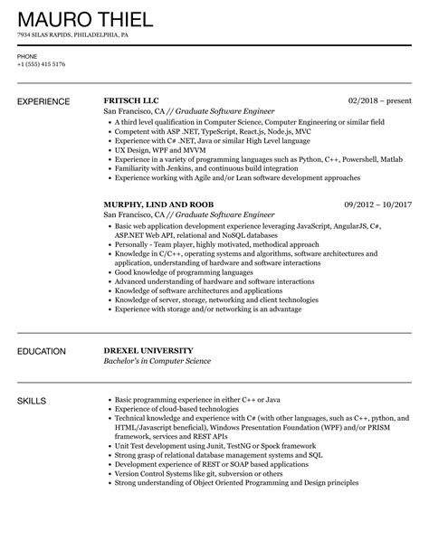 Graduate Software Engineer Resume Samples | Velvet Jobs