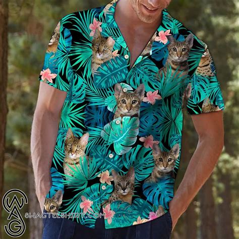 Hawaiian shirts can look really good or really bad depending on the cut, sizing, and what you wear them with. Tropical cat and flower hawaiian shirt