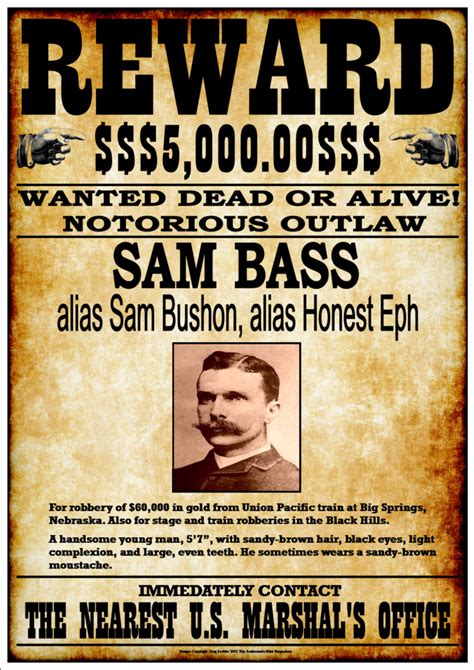 Sam Bass Fantastic Western Style Wanted Poster Order Prints