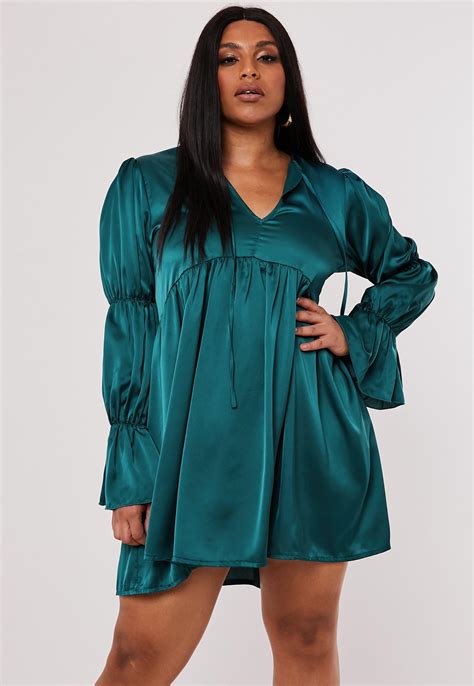 Plus Size Teal Satin Tiered Sleeve Smock Dress Missguided