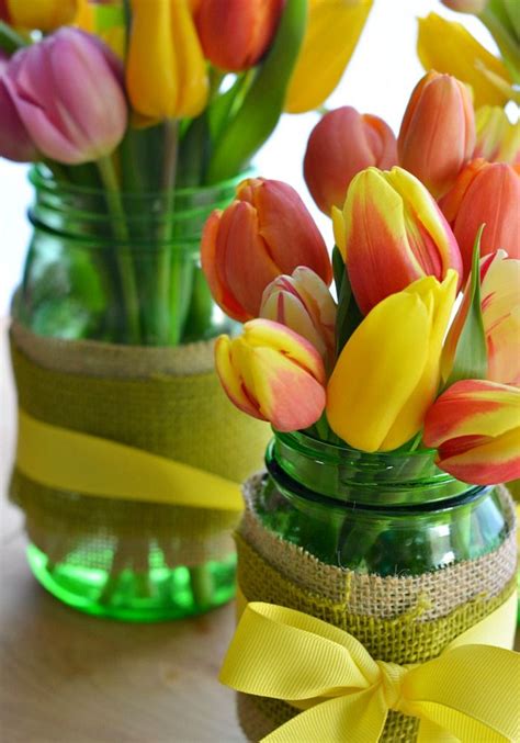 Spring Tulips And Burlap Wrapped Mason Jars Mason Jar Flower