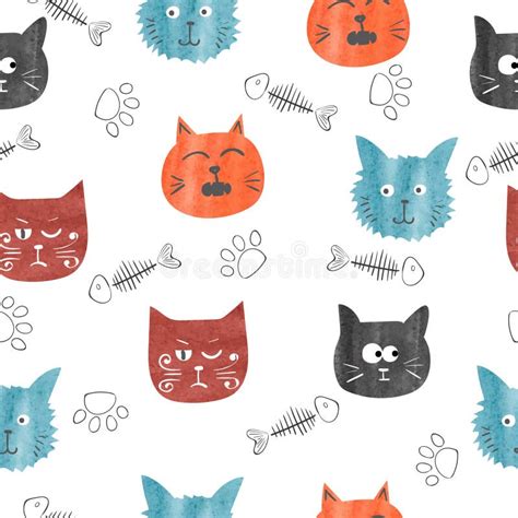 Watercolor Cute Cats Seamless Pattern Stock Vector Illustration Of