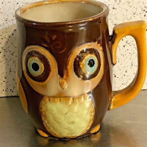 Owl Coffee Mug Ceramic Retro Mid Century Style Brown Gold Made China