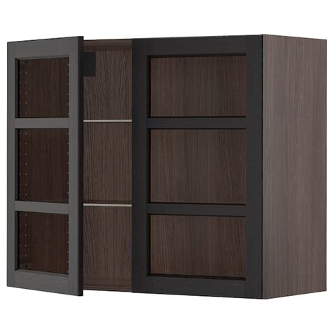 Sektion Wall Cabinet With 2 Glass Doors Brown Lerhyttan Black
