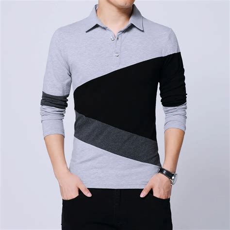Mens T Shirts Fashion Contrast Color Patchwork Long Sleeve Slim Fit Cotton Collar T Shirt Male