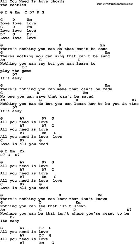Song Lyrics With Guitar Chords For All You Need Is Love Guitar Chords