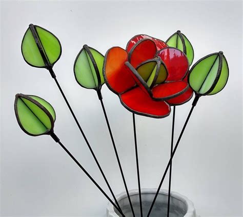 Glass Flower Bouquet Poppy Stained Glass Flowers Stained Glass Etsy