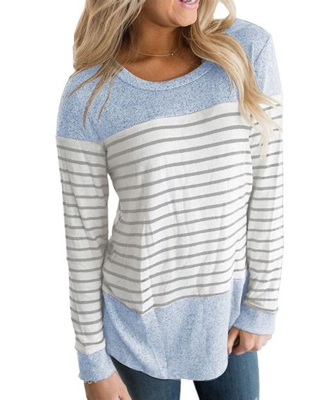 Womens Long Sleeve Round Neck T Shirts Color Block Striped Causal Blouses Tops Blue