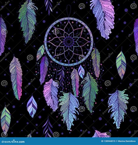 Dreamcatcher Seamless Pattern With Colorful Feathers Vector Stock