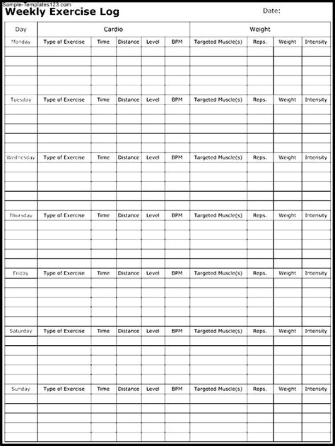 Weekly Exercise Log Template Sample Templates Sample