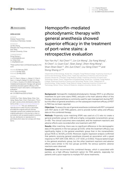 Pdf Hemoporfin Mediated Photodynamic Therapy With General Anesthesia