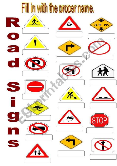 Road Signs Printable Worksheet