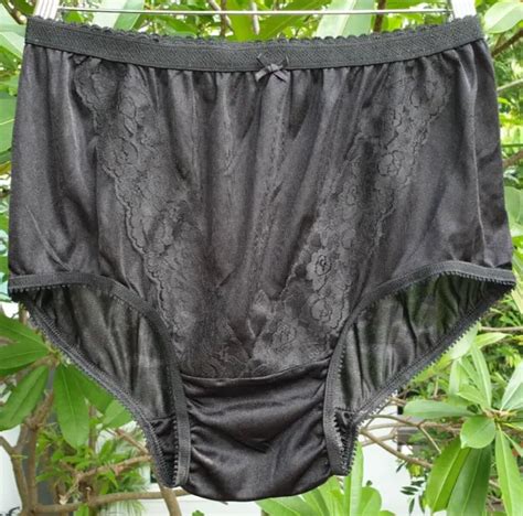 Vintage Sheer Nylon Panties Black Bikini Granny Lace Brief Size 9 10