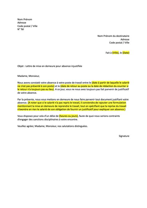 Courrier En Cas D absence Injustifiée Format Word PDF