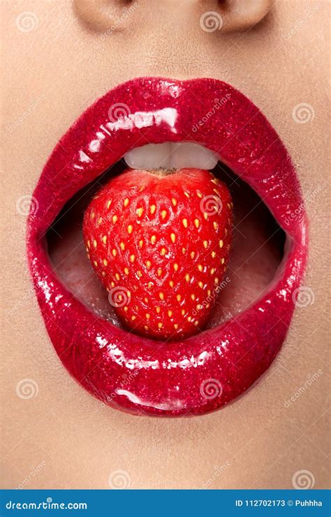 Lips Woman With Red Lipstick And Strawberry Stock Image Image Of