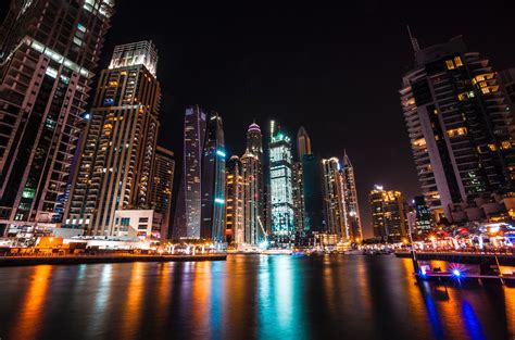 Night City Lights Dubai United Arab Emirates Skyscrapers Hd