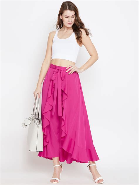 Berrylush Women Pink Solid Ruffled Wrap Maxi Skirt With Attached Palaz