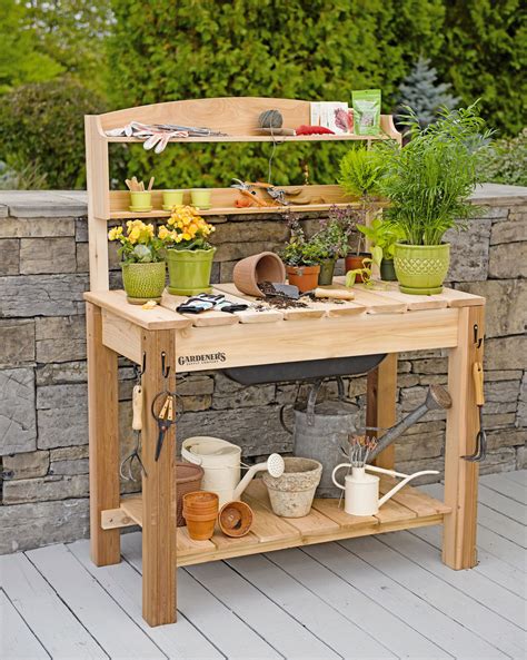 Potting Bench Cedar Potting Table With Soil Sink And Shelves