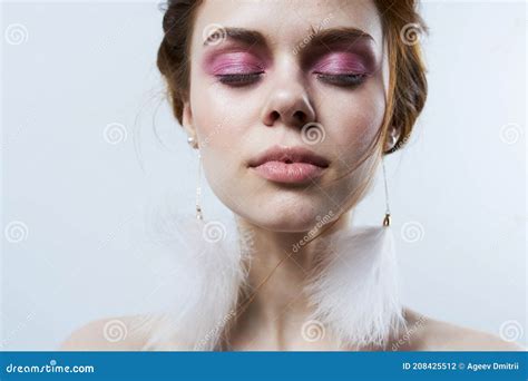 Woman With Closed Eyes Naked Shoulders Bright Makeup Luxury Close Up