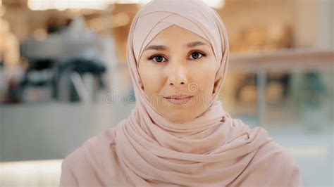 Webcam View Young Arab Muslim Woman In Hijab Speaks Looking At Camera Smiling Girl Talking On