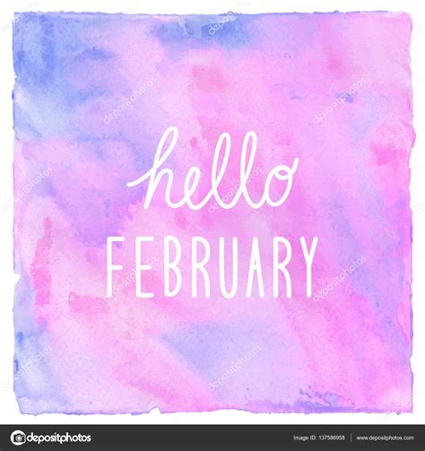 Hello February Text On Pink Blue And Violet Watercolor Backgroun Stock