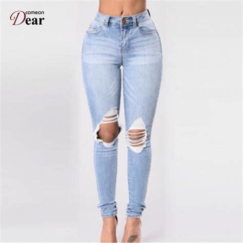 Comeondear High Waist Ripped Plus Size Jeans Denim Vintage Slim Pencil Pants Hole Women Pants