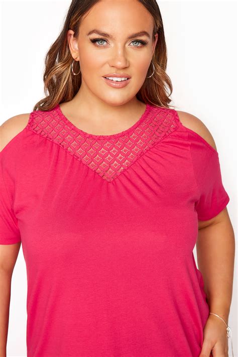 Hot Pink Lace Cold Shoulder Top Yours Clothing