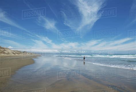 Woman Walking On Ninety Mile Beach North Island New Zealand Stock