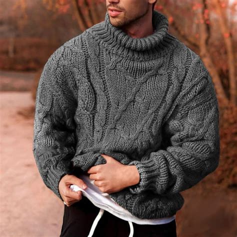 Mens Twisted Knitted Turtleneck Sweater Ribbed Thermal Slim Fit Casual