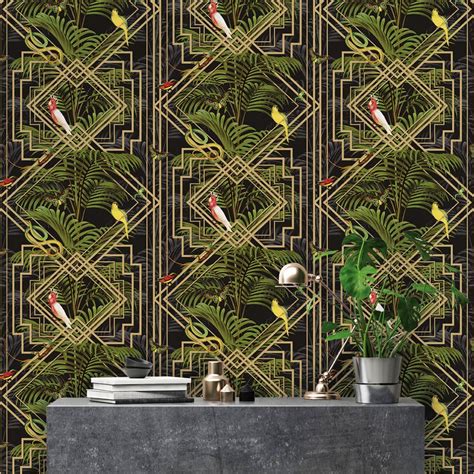 Holden Congo Geometric Metallic Wallpaper Art Deco Tropical Animals