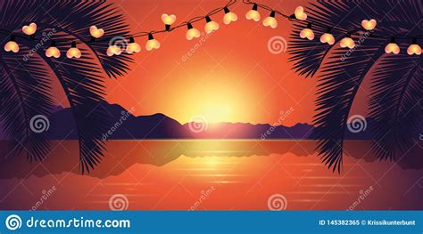 Romantic Sunset At Paradise Beach With Heart Fairy Light Stock Vector