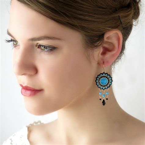 Boho Turquoise Earrings Swarovski Crystal Chandelier Earrings Long