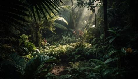 Premium Ai Image Lush Tropical Rainforest Green Ferns Palm Trees And