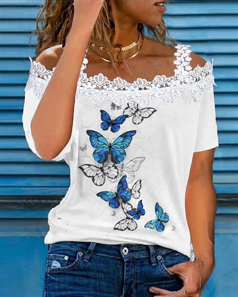 Butterfly Print Cold Shoulder Crochet Lace Top