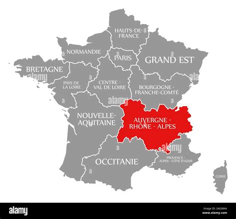Auvergne Rhone Alpes Red Highlighted In Map Of France Stock Photo