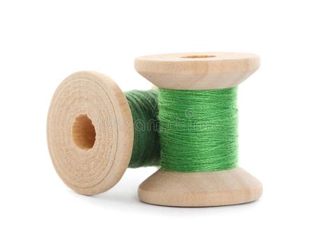 Spool Synthetic Green Thread White Wooden Background Stock Photos