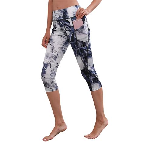 Klv Fashion Women High Waist Pocket Print Yoga Fitness Leggings Calf Length Pants Women S
