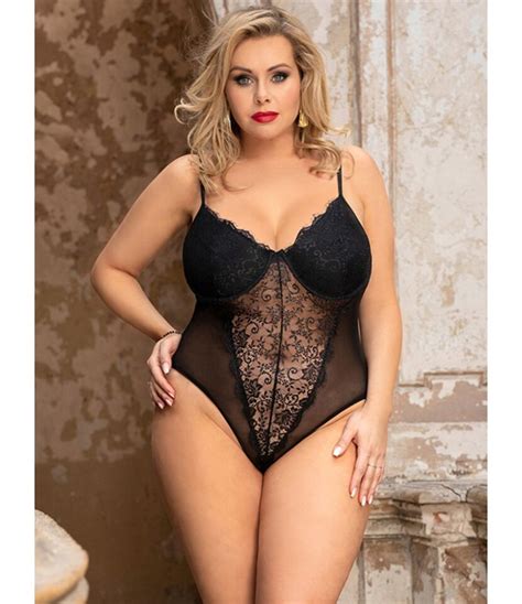 Plus Size Sexy Lace Embroidery See Through Bodysuit