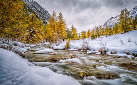 Mountain River In Winter Val Bever Engadin Schweiz Desktop Wallpaper