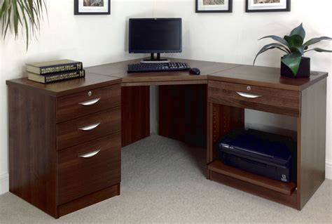 Small Office Corner Desk Set With 31 Drawers And Printer Shelf Walnut