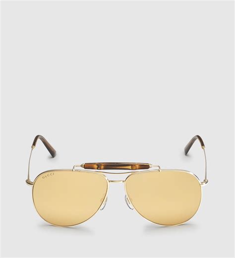 Gucci Gold Plated Aviator Sunglasses With Bamboo In Yellow Lyst