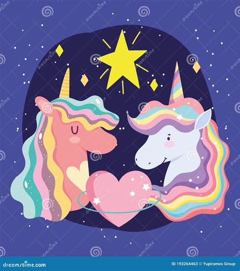 Cute Unicorns Portrait Rainbow Mane Heart And Star Cartoon Stock Vector