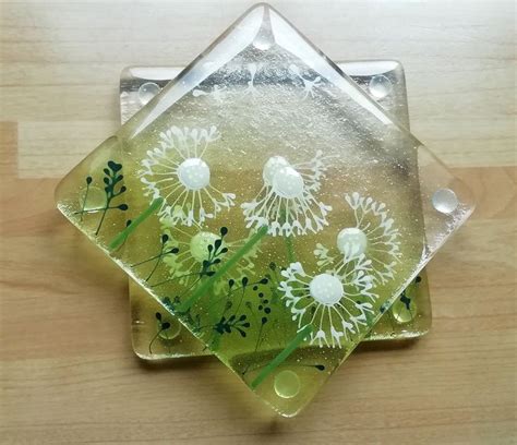 Set Of Two Dandelion Coasters Fused Glass Coasters With Etsy Uk