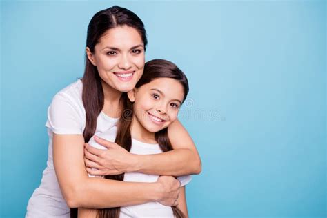 Close Up Photo Pretty Two People Brown Haired Mum Small Little Daughter Best Friends Stand