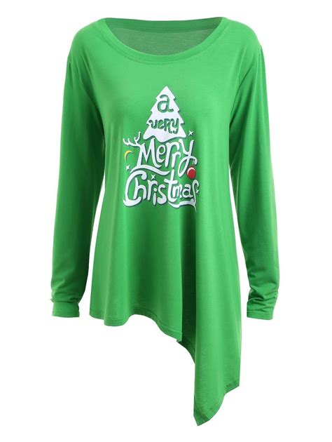 Plus Size Merry Christmas Long Sleeve Asymmetric T Shirt Green 2xl